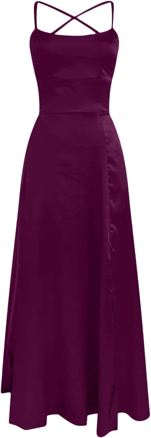 Bridesmaid Dresses for Women Satin Spaghetti Strap Backless Maxi Dress Sexy Elegant Side Split Corset Aline Gown Dress