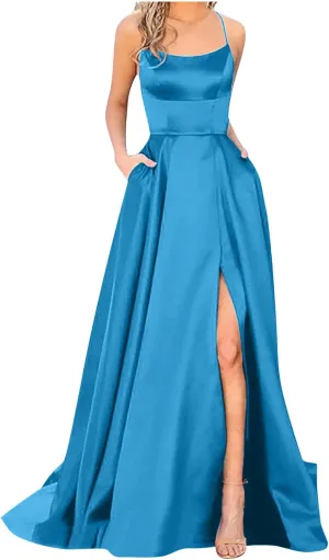 Bridesmaid Dresses for Women Satin Spaghetti Strap Backless Maxi Dress Sexy Elegant Side Split Corset Aline Gown Dress