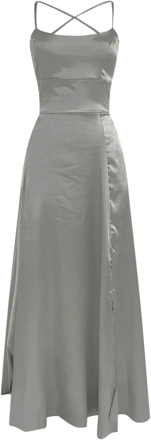 Bridesmaid Dresses for Women Satin Spaghetti Strap Backless Maxi Dress Sexy Elegant Side Split Corset Aline Gown Dress
