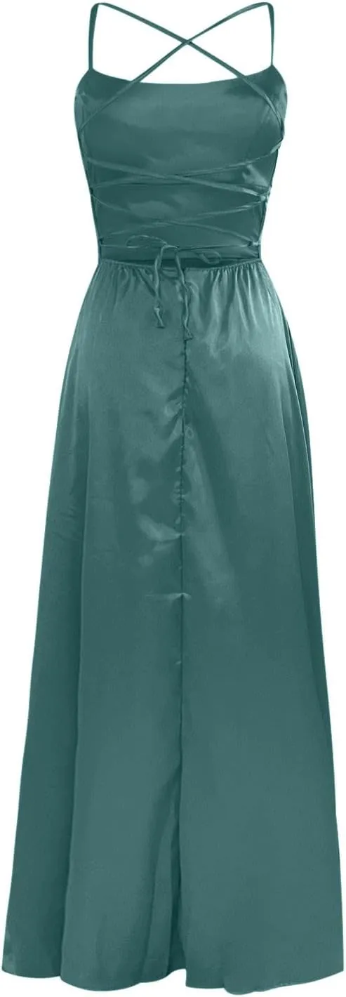 Bridesmaid Dresses for Women Satin Spaghetti Strap Backless Maxi Dress Sexy Elegant Side Split Corset Aline Gown Dress
