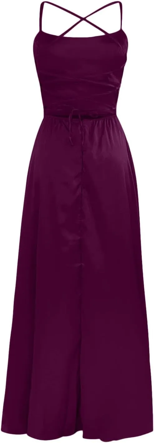Bridesmaid Dresses for Women Satin Spaghetti Strap Backless Maxi Dress Sexy Elegant Side Split Corset Aline Gown Dress