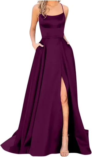 Bridesmaid Dresses for Women Satin Spaghetti Strap Backless Maxi Dress Sexy Elegant Side Split Corset Aline Gown Dress