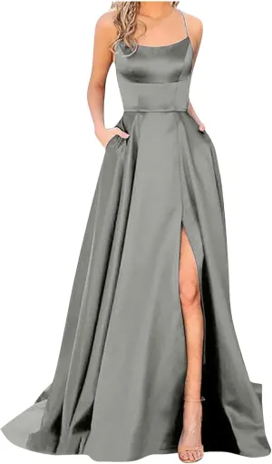 Bridesmaid Dresses for Women Satin Spaghetti Strap Backless Maxi Dress Sexy Elegant Side Split Corset Aline Gown Dress