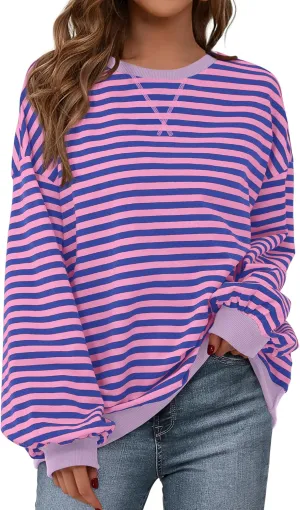 BTFBM Womens Striped Pullover Tops Spring Fall Clothes 2025 Long Sleeve Shirts Trendy Crew Neck Loose Y2K Sweatshirts