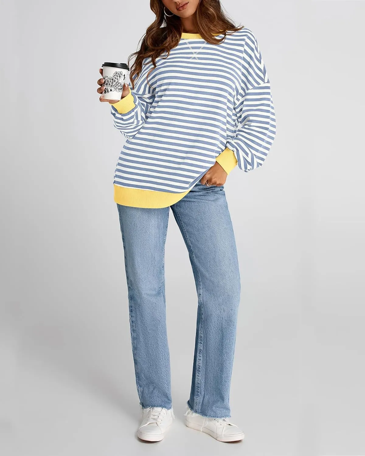 BTFBM Womens Striped Pullover Tops Spring Fall Clothes 2025 Long Sleeve Shirts Trendy Crew Neck Loose Y2K Sweatshirts