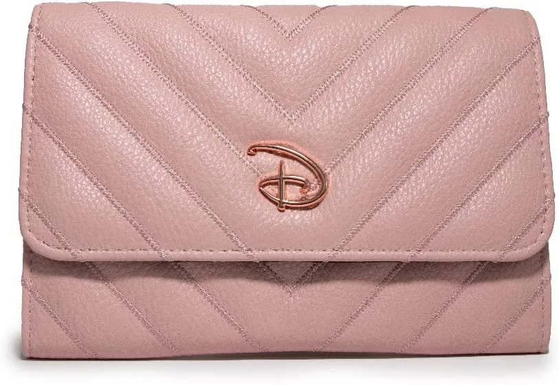 Buckle Down Disney Wallet, Foldover, Disney Signature D Logo Rose Gold, Pink, Chevron Stitch, Vegan Leather