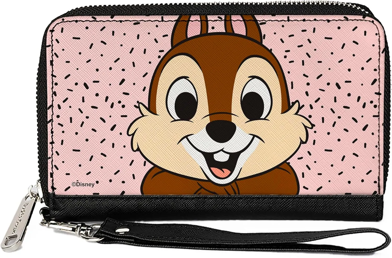 Buckle-Down PU Zip Around Wallet Rectangle Disney Chip n Dale Chip Smiling Pose Sprinkle Pink Black
