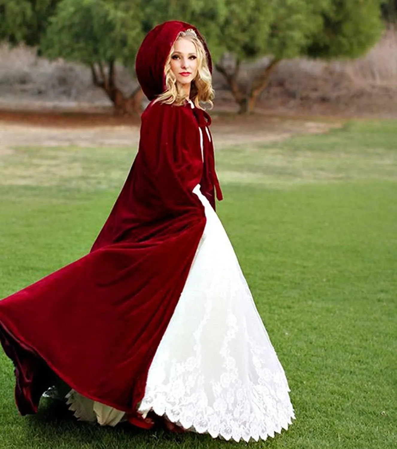 Burgundy Womens Wraps Elegant Velvet Hooded Wedding Cloak Winter Long Cape