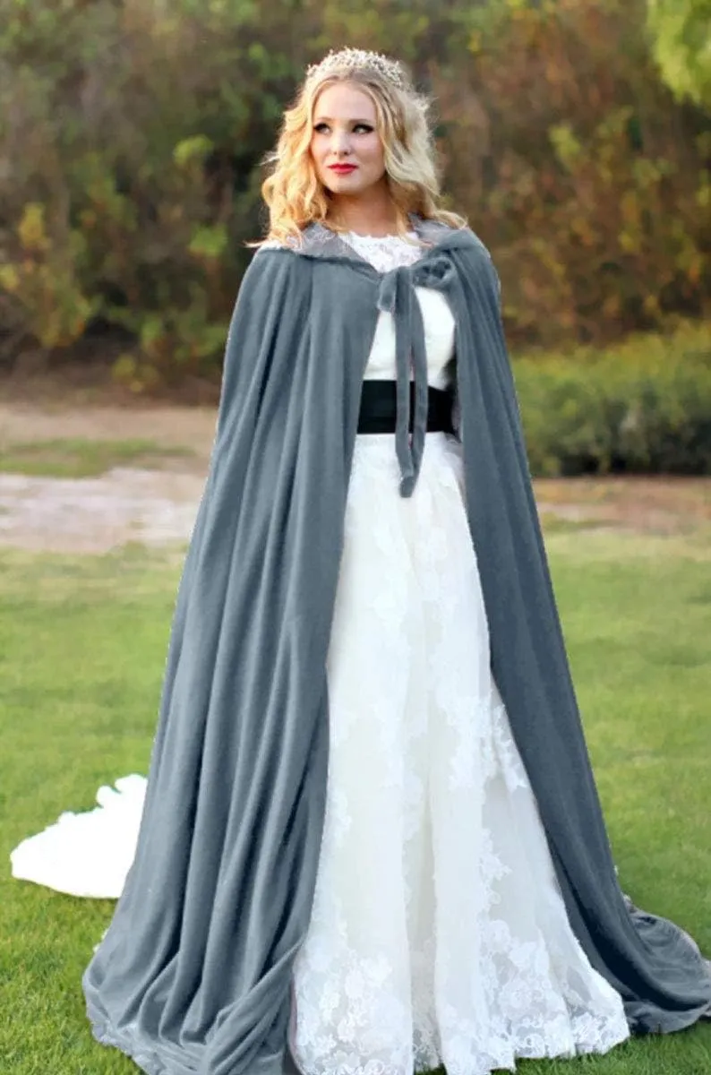Burgundy Womens Wraps Elegant Velvet Hooded Wedding Cloak Winter Long Cape