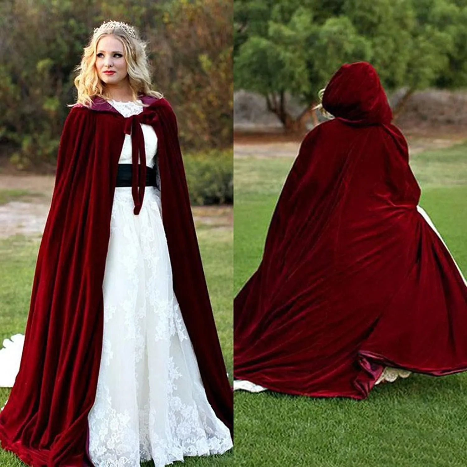 Burgundy Womens Wraps Elegant Velvet Hooded Wedding Cloak Winter Long Cape