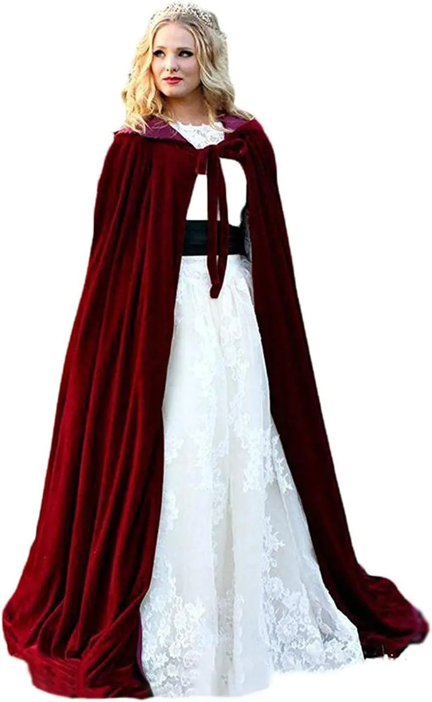 Burgundy Womens Wraps Elegant Velvet Hooded Wedding Cloak Winter Long Cape