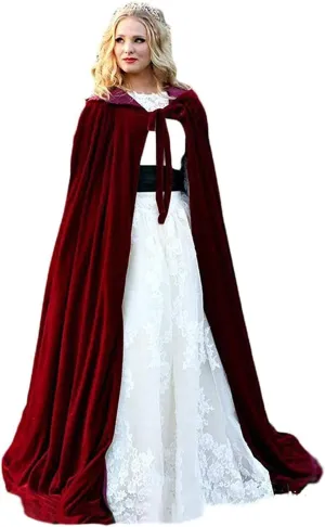 Burgundy Womens Wraps Elegant Velvet Hooded Wedding Cloak Winter Long Cape