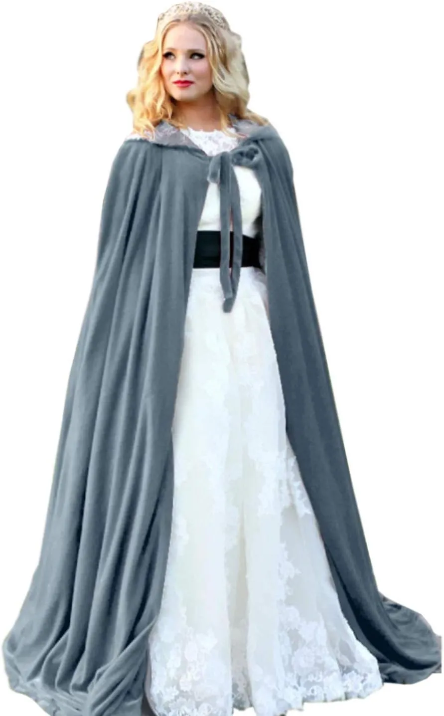 Burgundy Womens Wraps Elegant Velvet Hooded Wedding Cloak Winter Long Cape