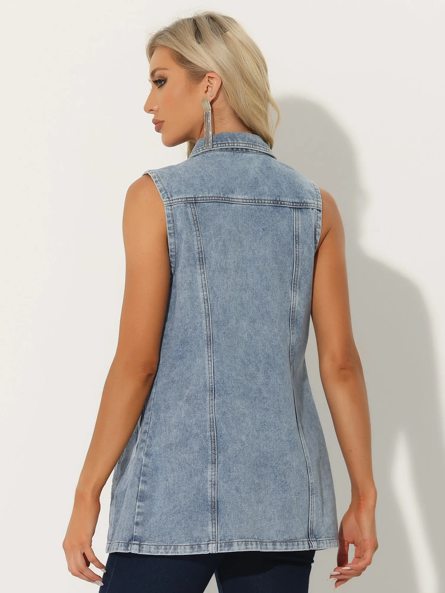Casual Button Down Waistcoat Sleeveless Mid Long Denim Vest