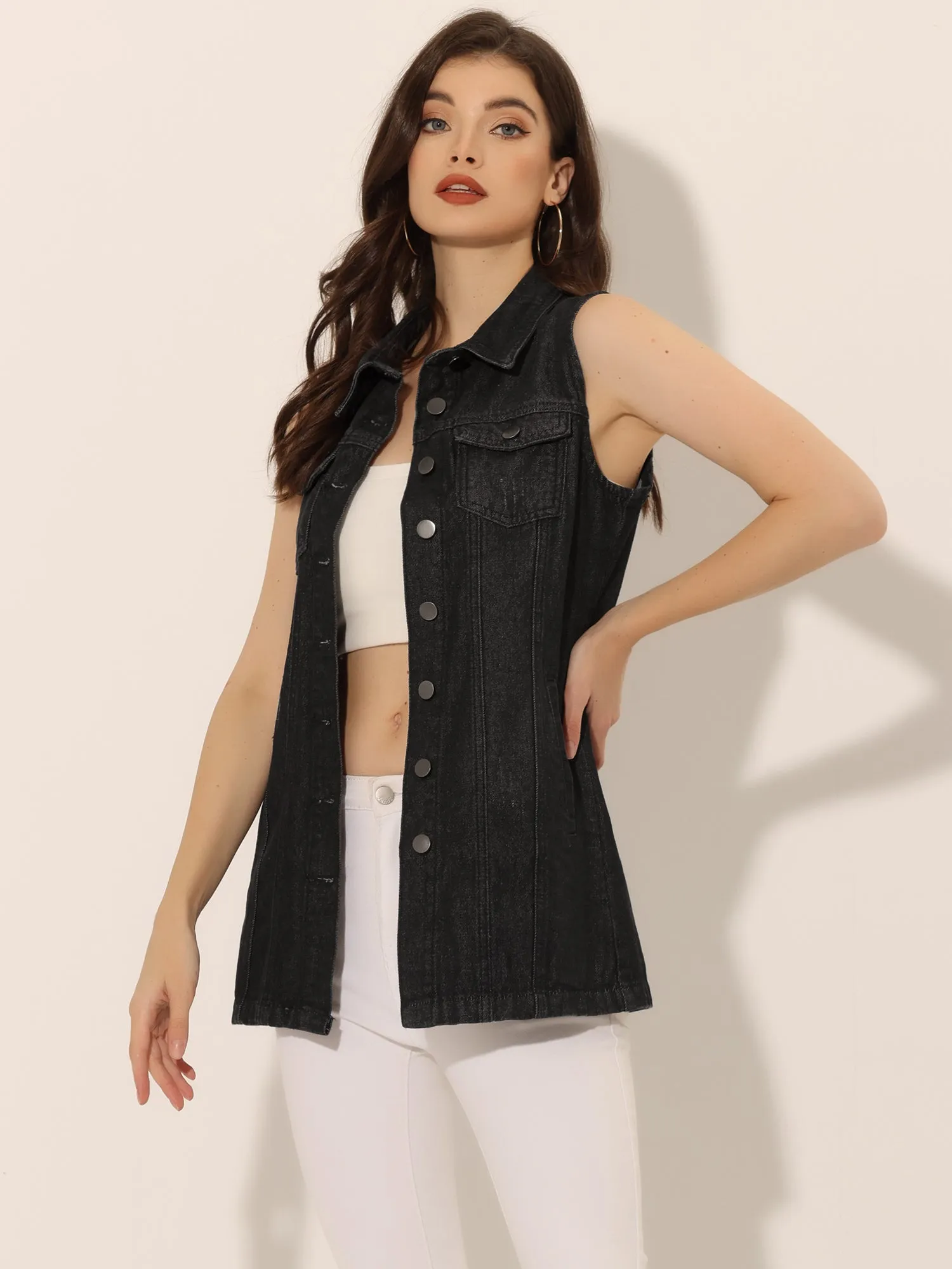 Casual Button Down Waistcoat Sleeveless Mid Long Denim Vest