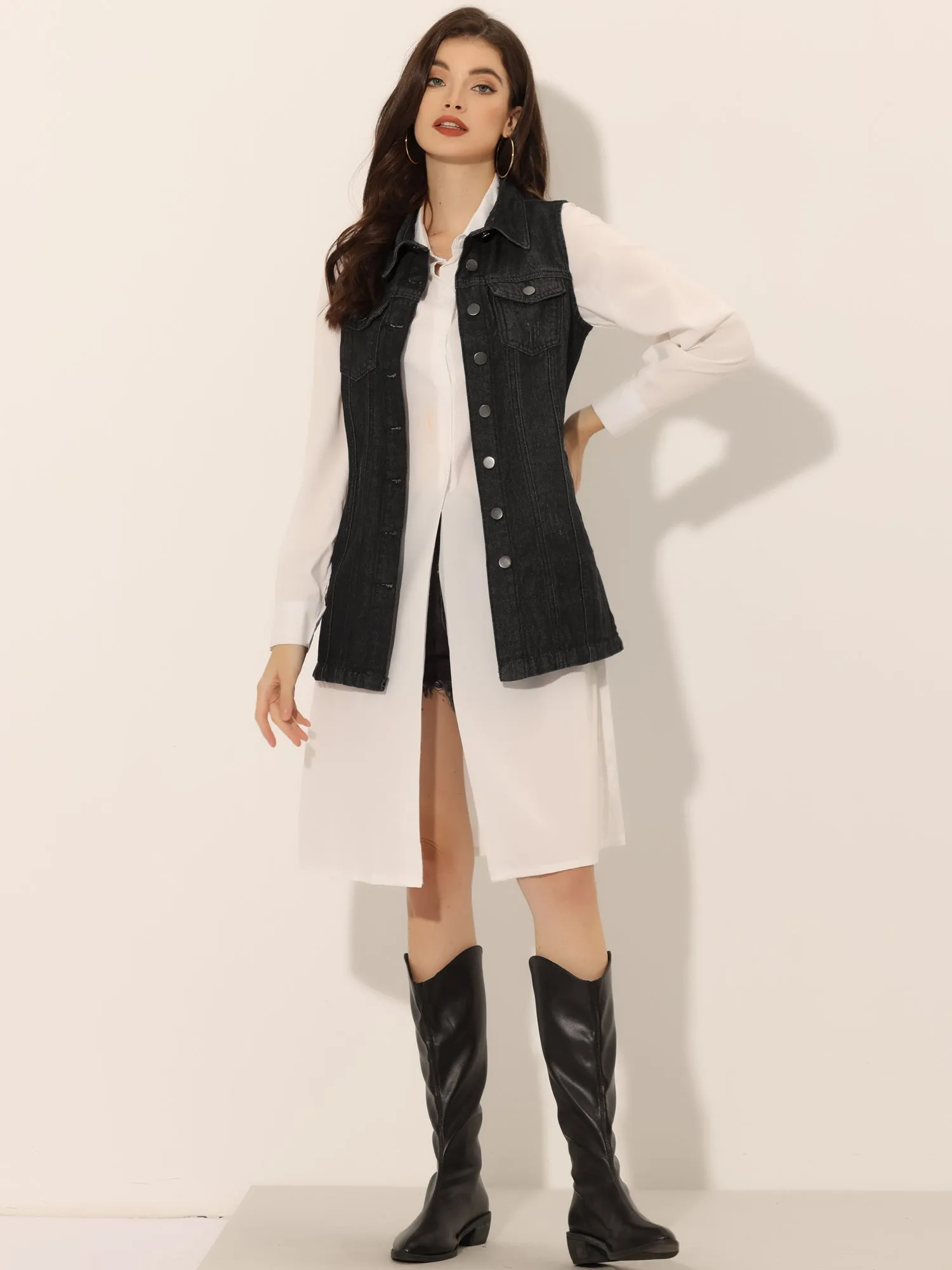 Casual Button Down Waistcoat Sleeveless Mid Long Denim Vest