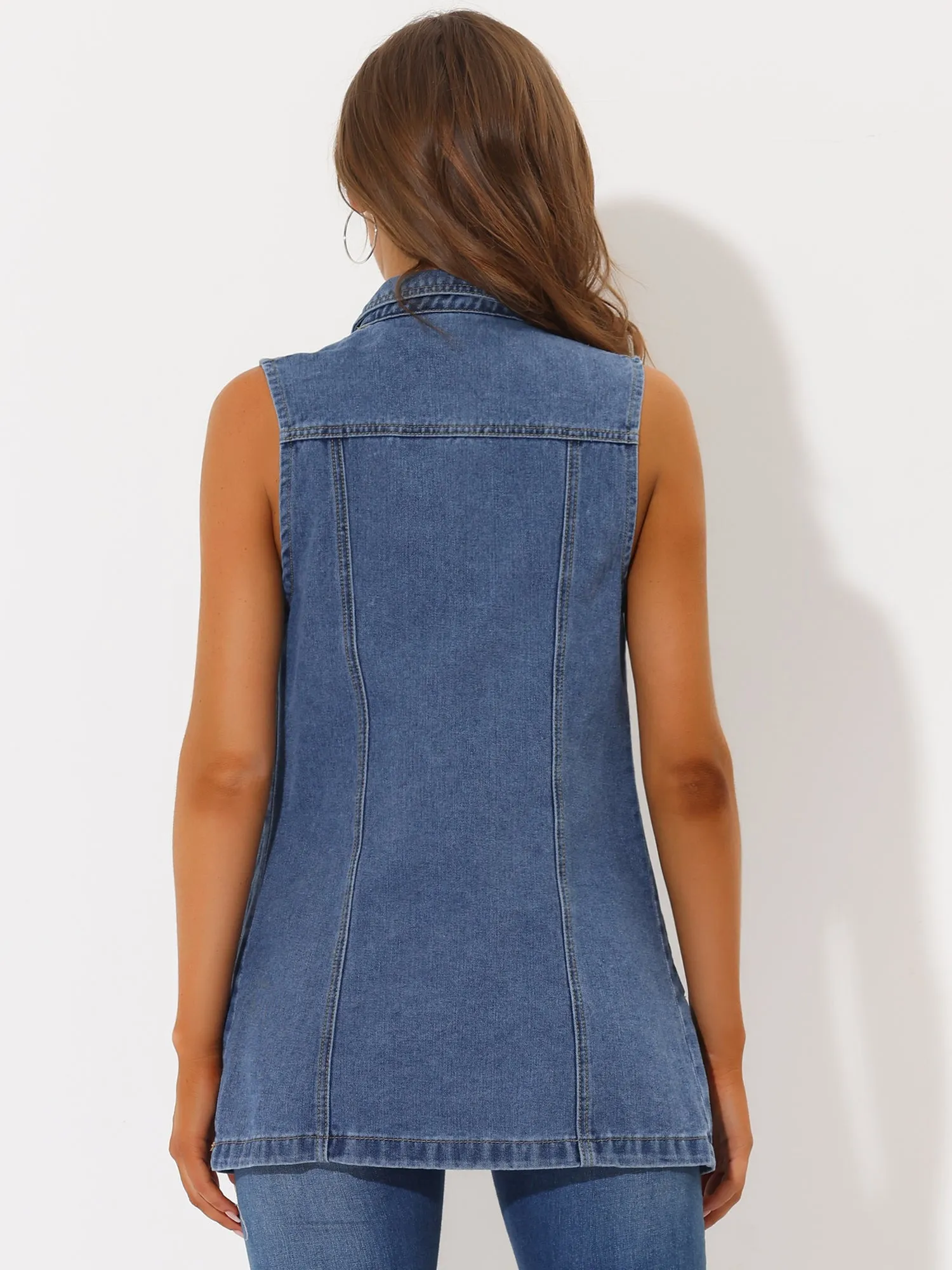 Casual Button Down Waistcoat Sleeveless Mid Long Denim Vest