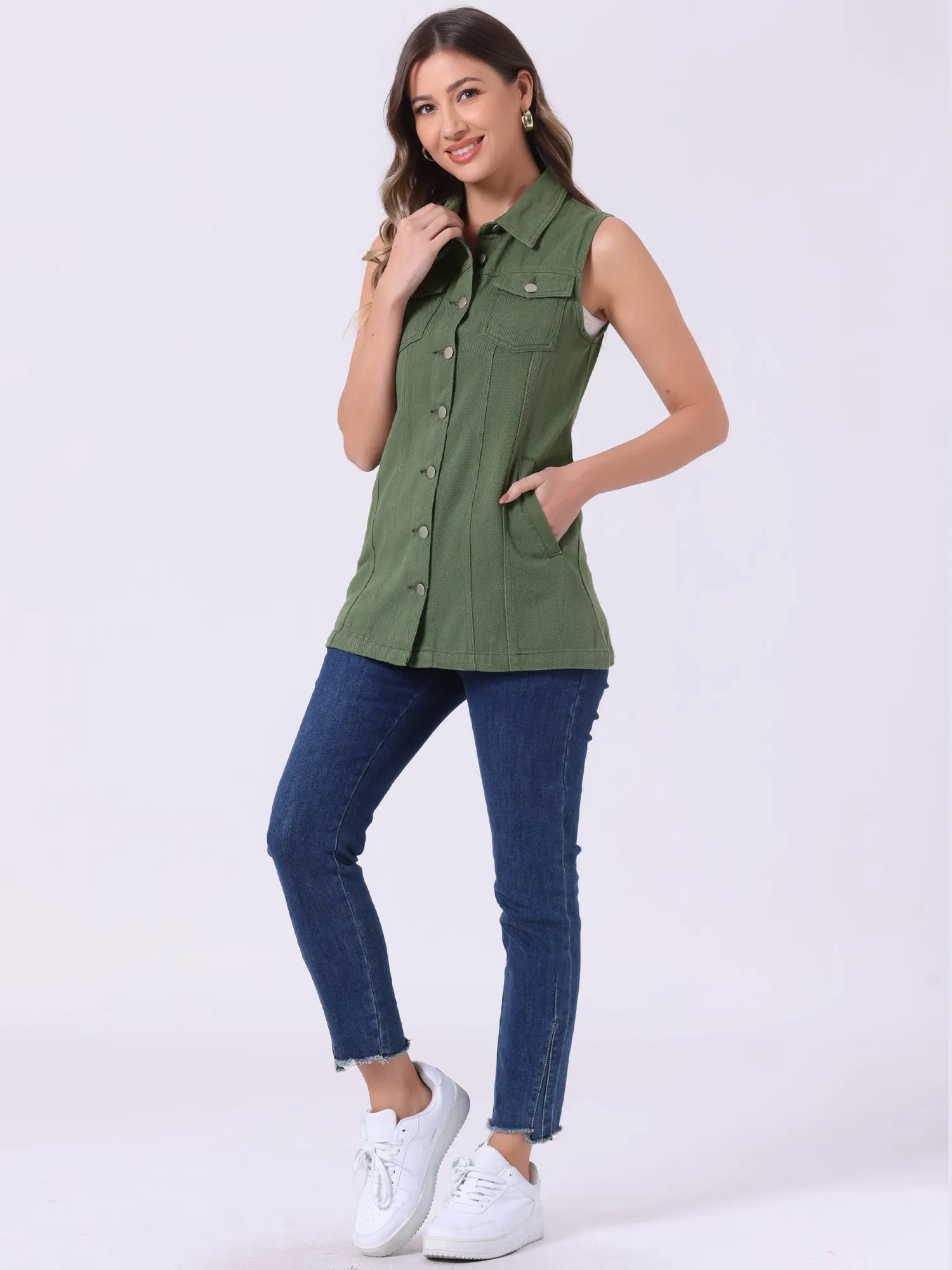 Casual Button Down Waistcoat Sleeveless Mid Long Denim Vest
