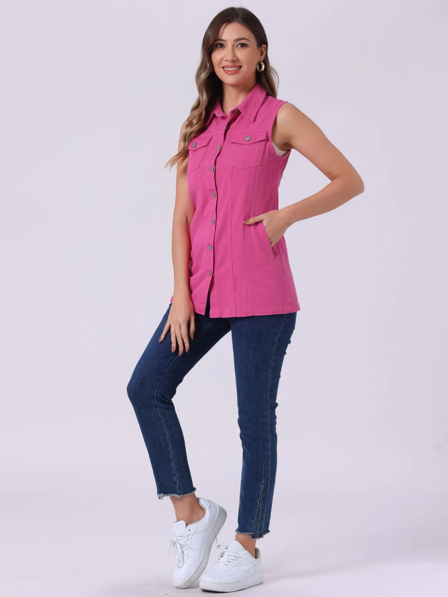 Casual Button Down Waistcoat Sleeveless Mid Long Denim Vest
