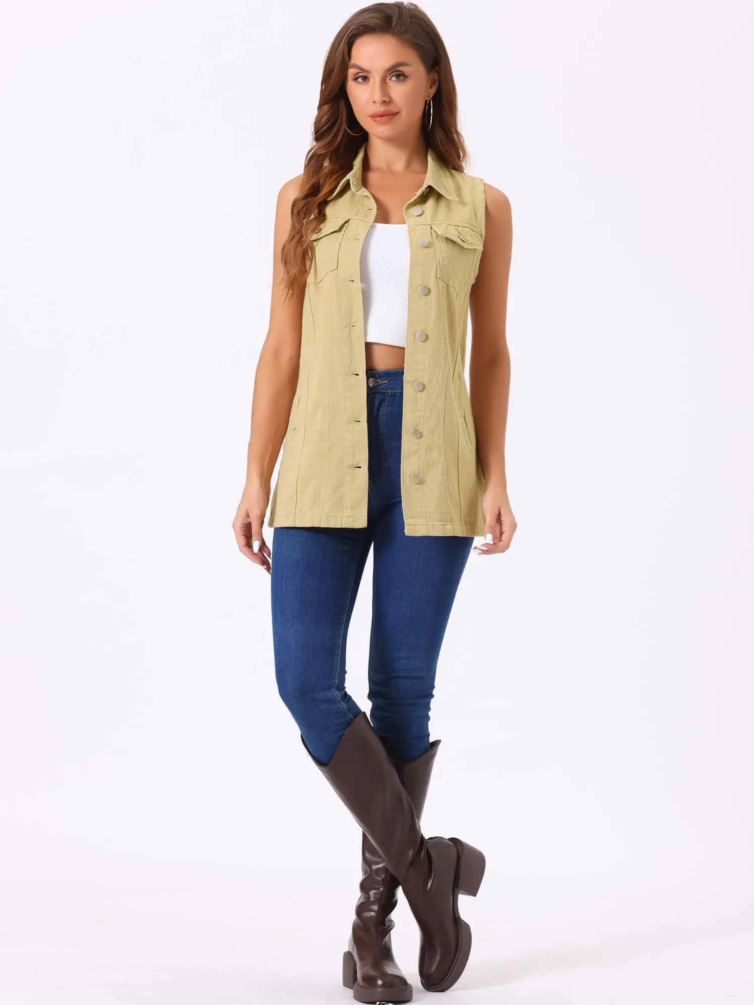 Casual Button Down Waistcoat Sleeveless Mid Long Denim Vest
