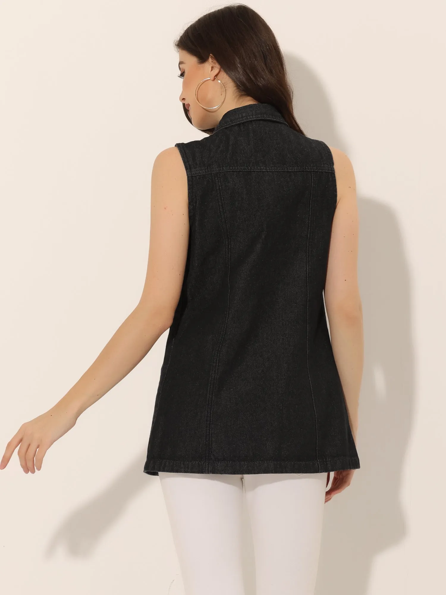 Casual Button Down Waistcoat Sleeveless Mid Long Denim Vest