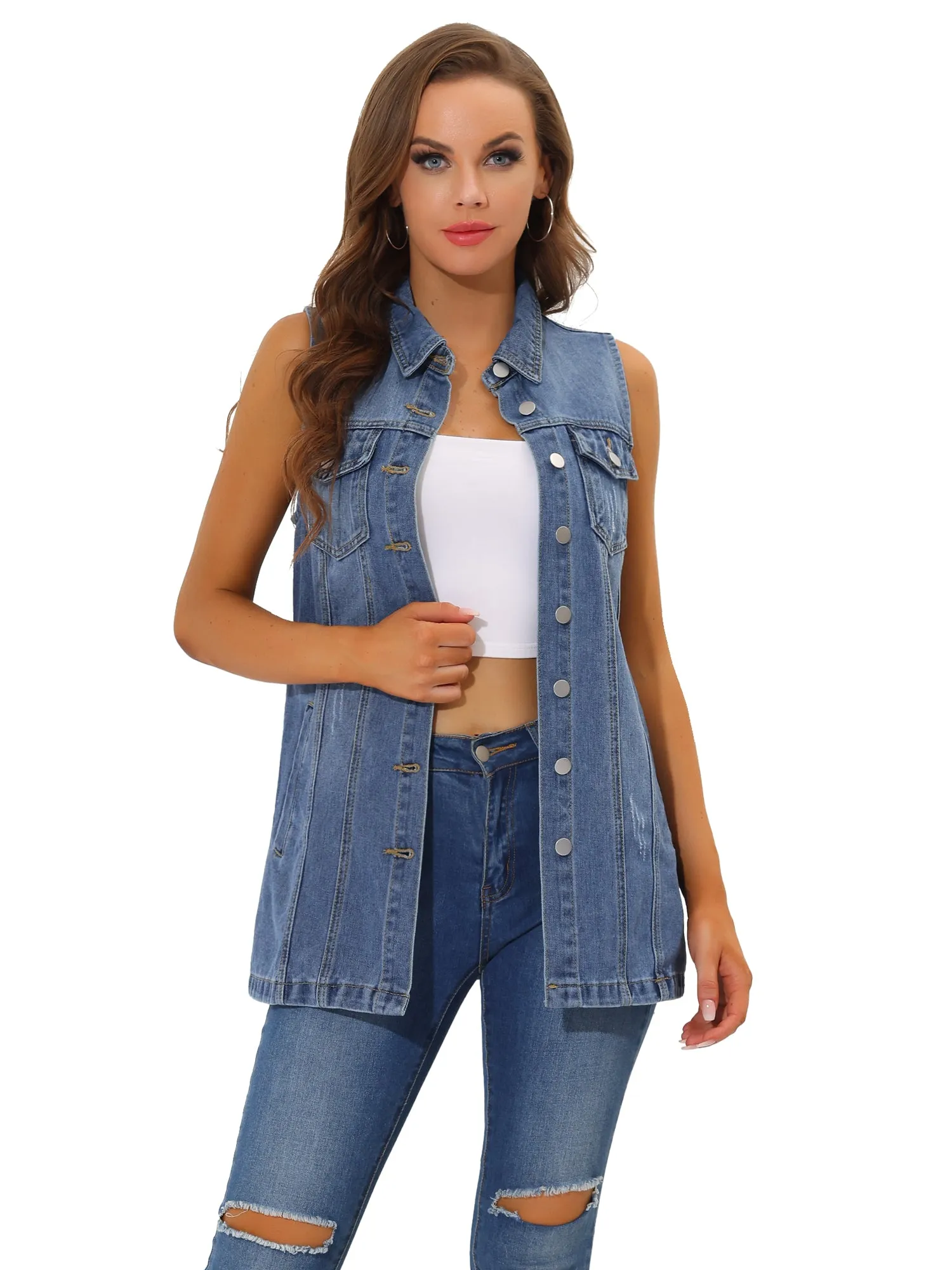 Casual Button Down Waistcoat Sleeveless Mid Long Denim Vest