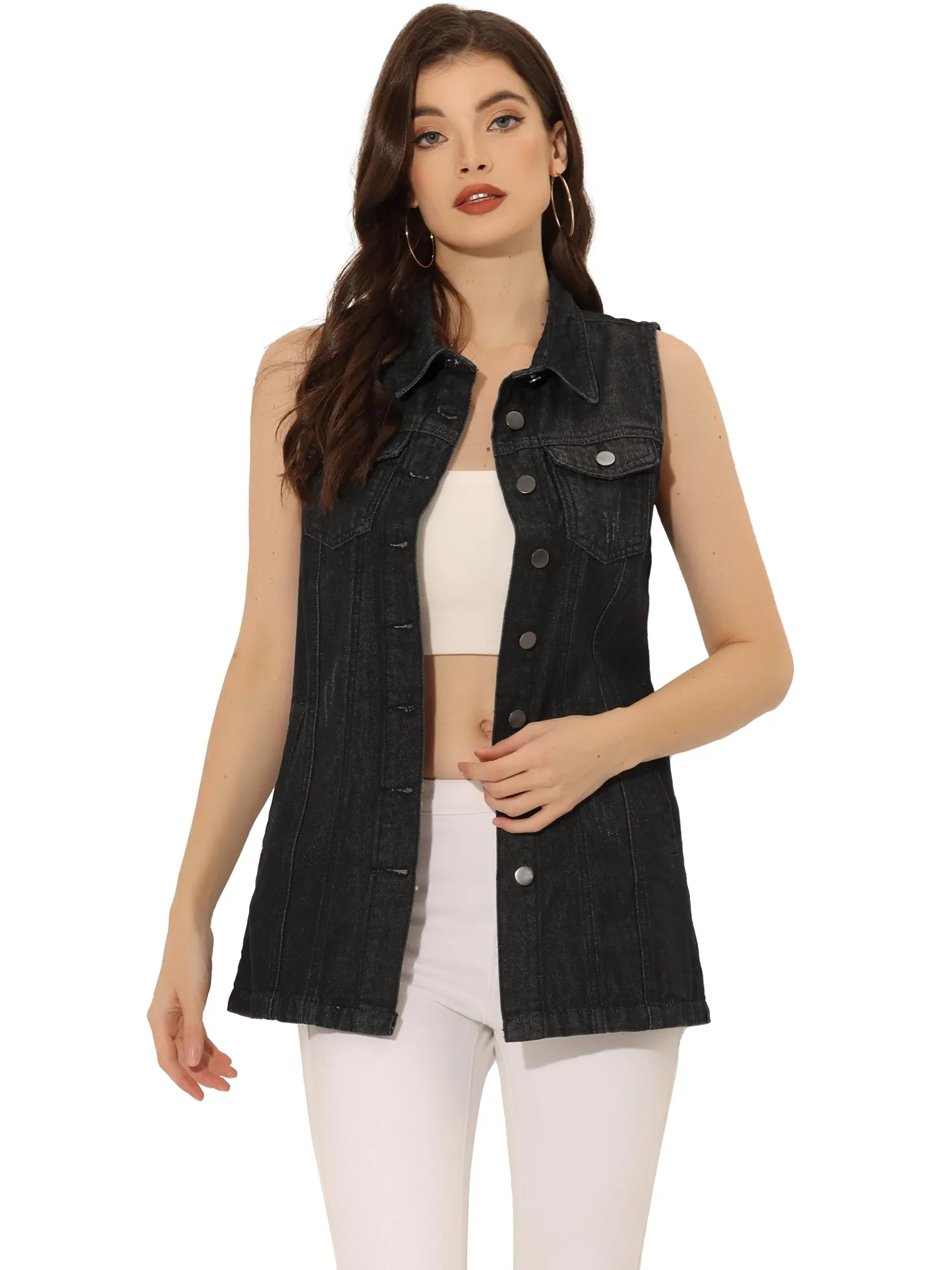 Casual Button Down Waistcoat Sleeveless Mid Long Denim Vest