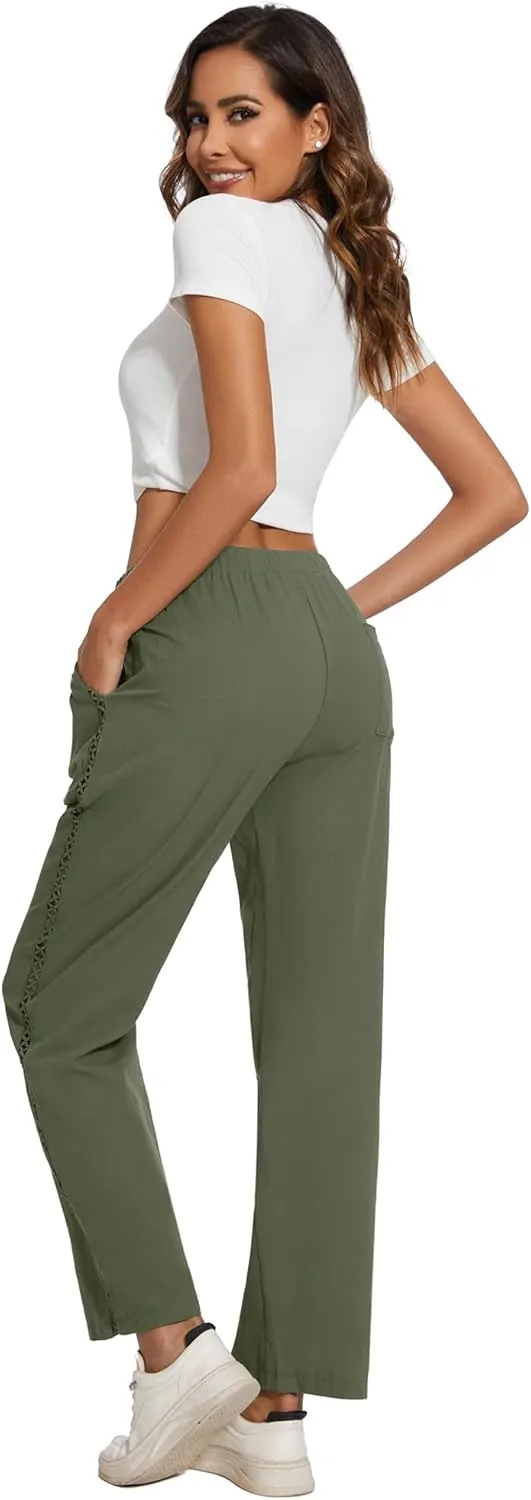 Casual Capris for Women Trendy Lightweight Wide Leg Loose Fit Pants Drawstring Crop Pants with Pockets