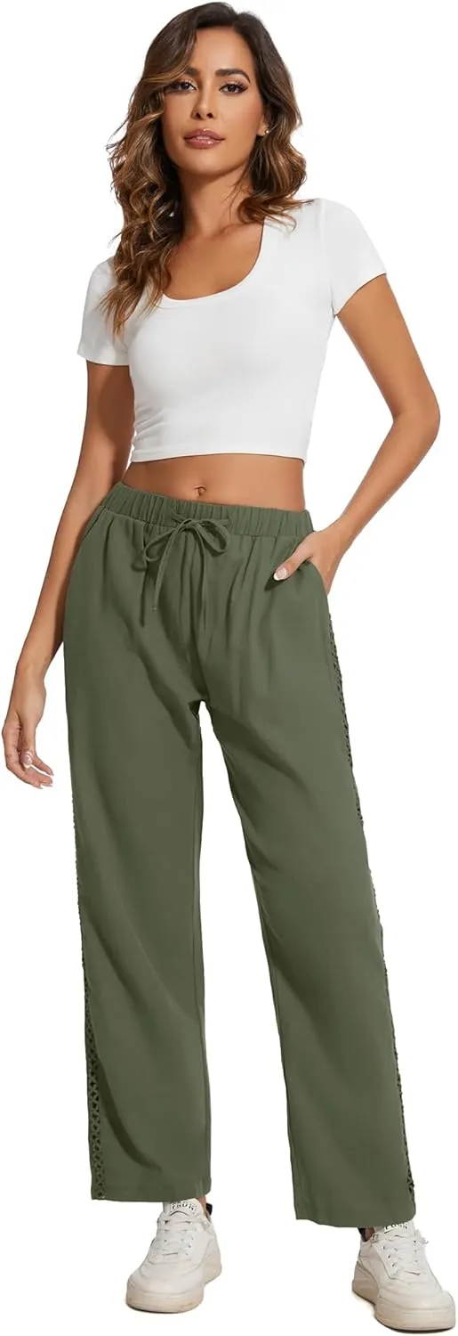 Casual Capris for Women Trendy Lightweight Wide Leg Loose Fit Pants Drawstring Crop Pants with Pockets