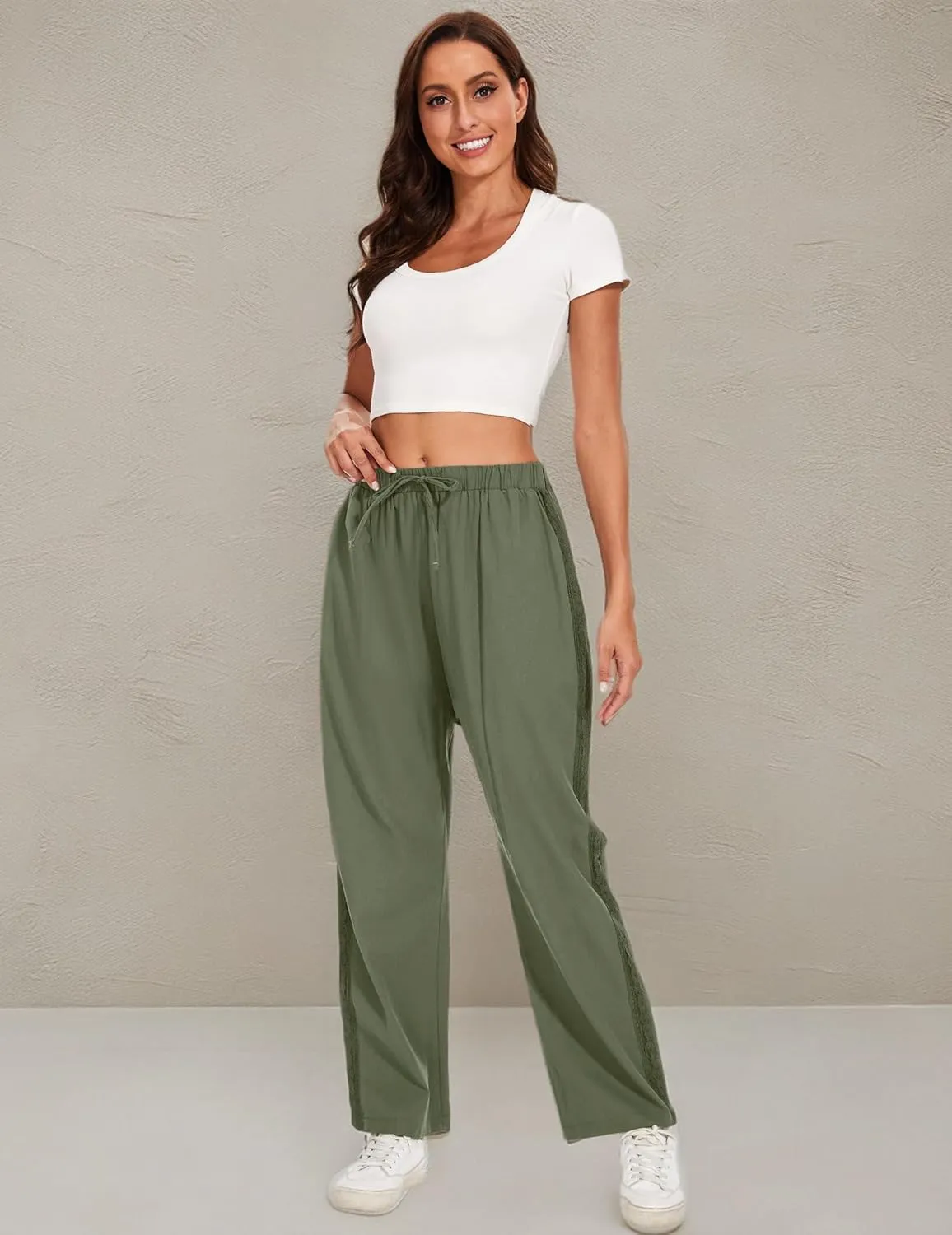 Casual Capris for Women Trendy Lightweight Wide Leg Loose Fit Pants Drawstring Crop Pants with Pockets