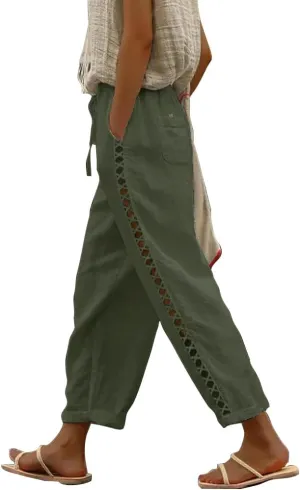 Casual Capris for Women Trendy Lightweight Wide Leg Loose Fit Pants Drawstring Crop Pants with Pockets