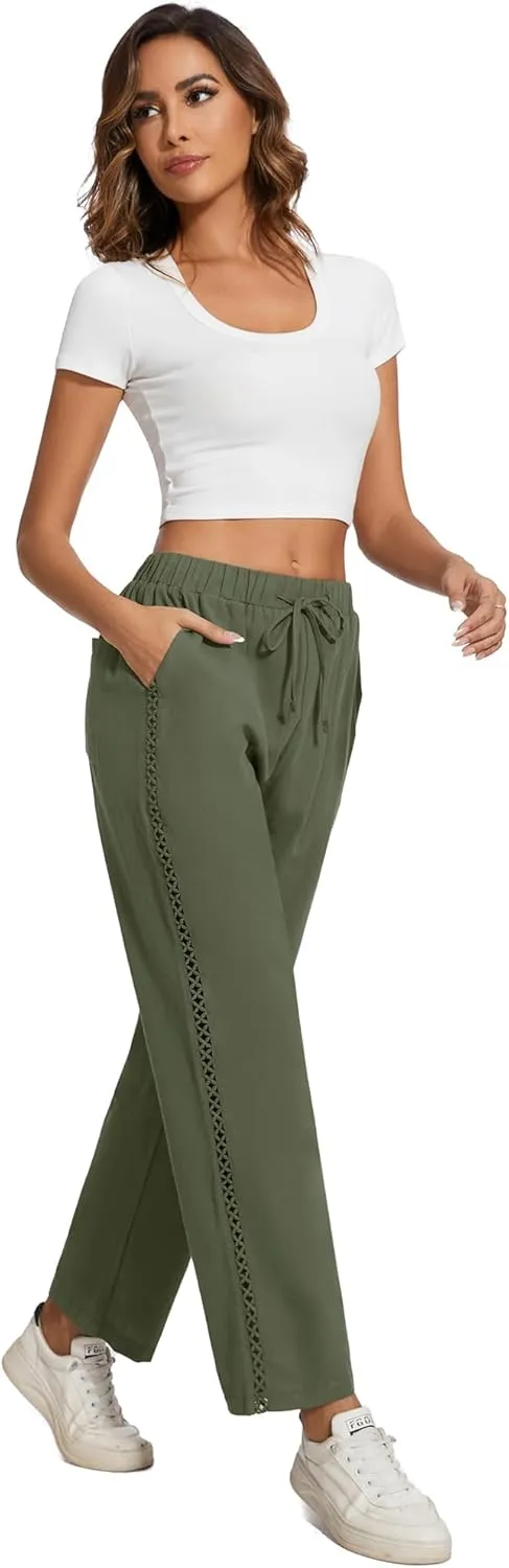 Casual Capris for Women Trendy Lightweight Wide Leg Loose Fit Pants Drawstring Crop Pants with Pockets
