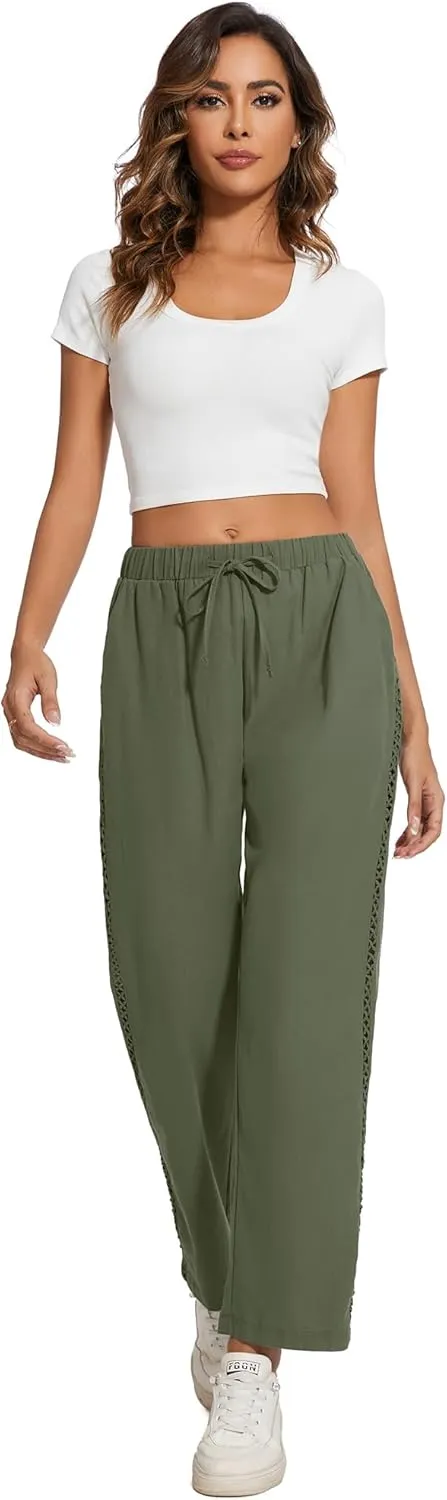Casual Capris for Women Trendy Lightweight Wide Leg Loose Fit Pants Drawstring Crop Pants with Pockets