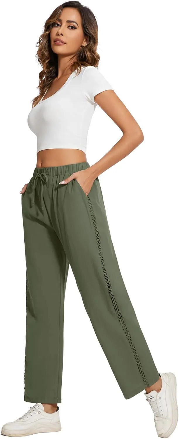 Casual Capris for Women Trendy Lightweight Wide Leg Loose Fit Pants Drawstring Crop Pants with Pockets