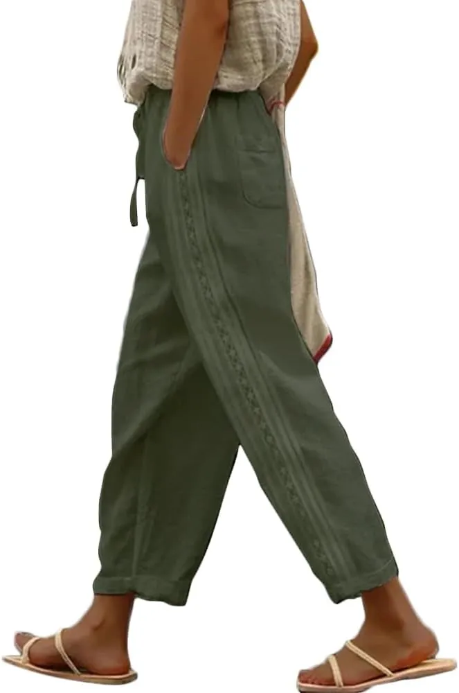 Casual Capris for Women Trendy Lightweight Wide Leg Loose Fit Pants Drawstring Crop Pants with Pockets