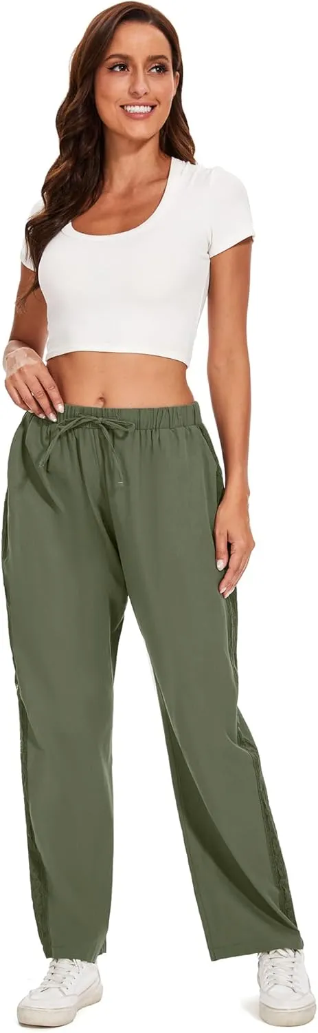 Casual Capris for Women Trendy Lightweight Wide Leg Loose Fit Pants Drawstring Crop Pants with Pockets