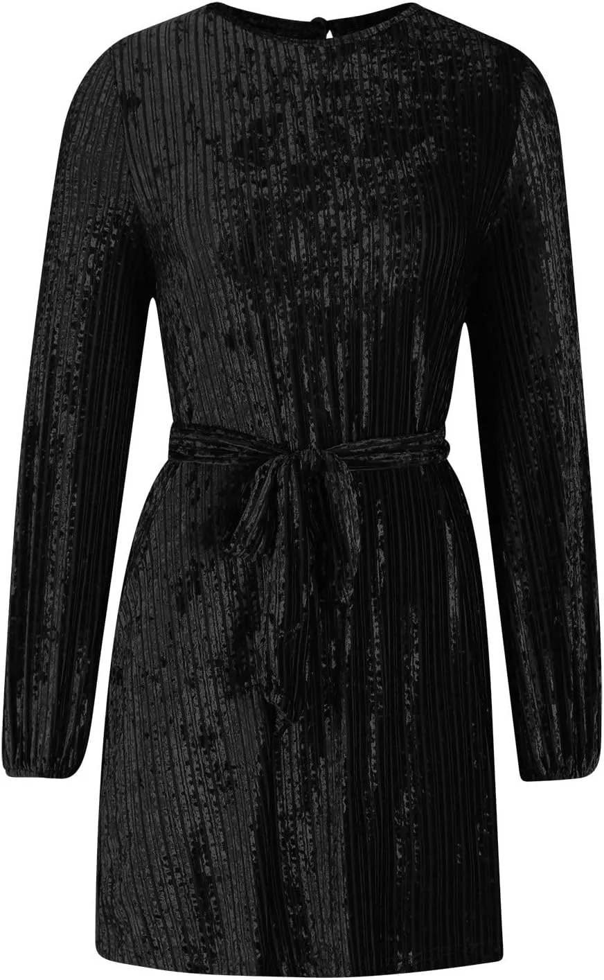 Casual Dresses for Women Womens Long Sleeve Dress Crew Neck Tie Waist A-Line Ruffle Swing Mini Dresses for Women