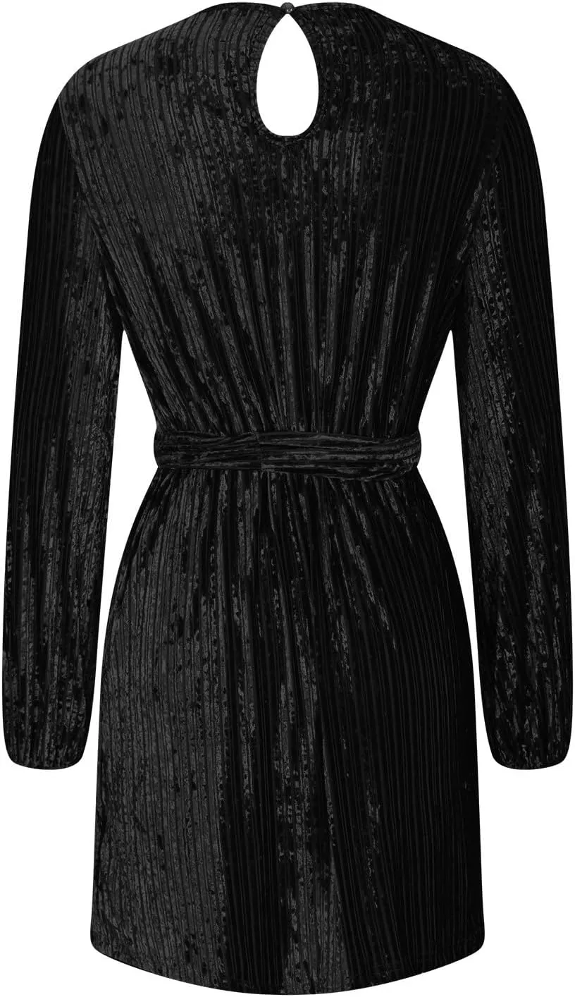 Casual Dresses for Women Womens Long Sleeve Dress Crew Neck Tie Waist A-Line Ruffle Swing Mini Dresses for Women