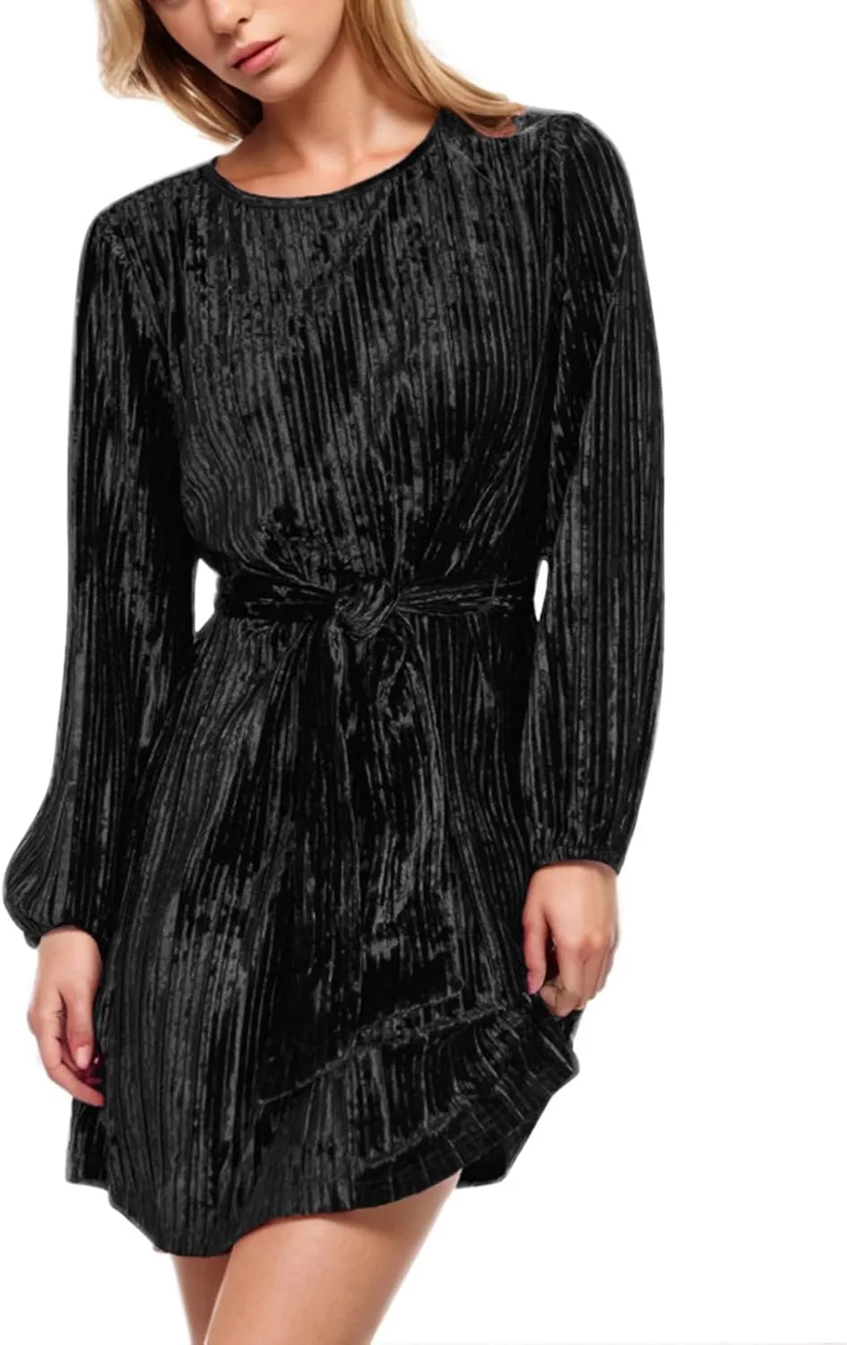 Casual Dresses for Women Womens Long Sleeve Dress Crew Neck Tie Waist A-Line Ruffle Swing Mini Dresses for Women