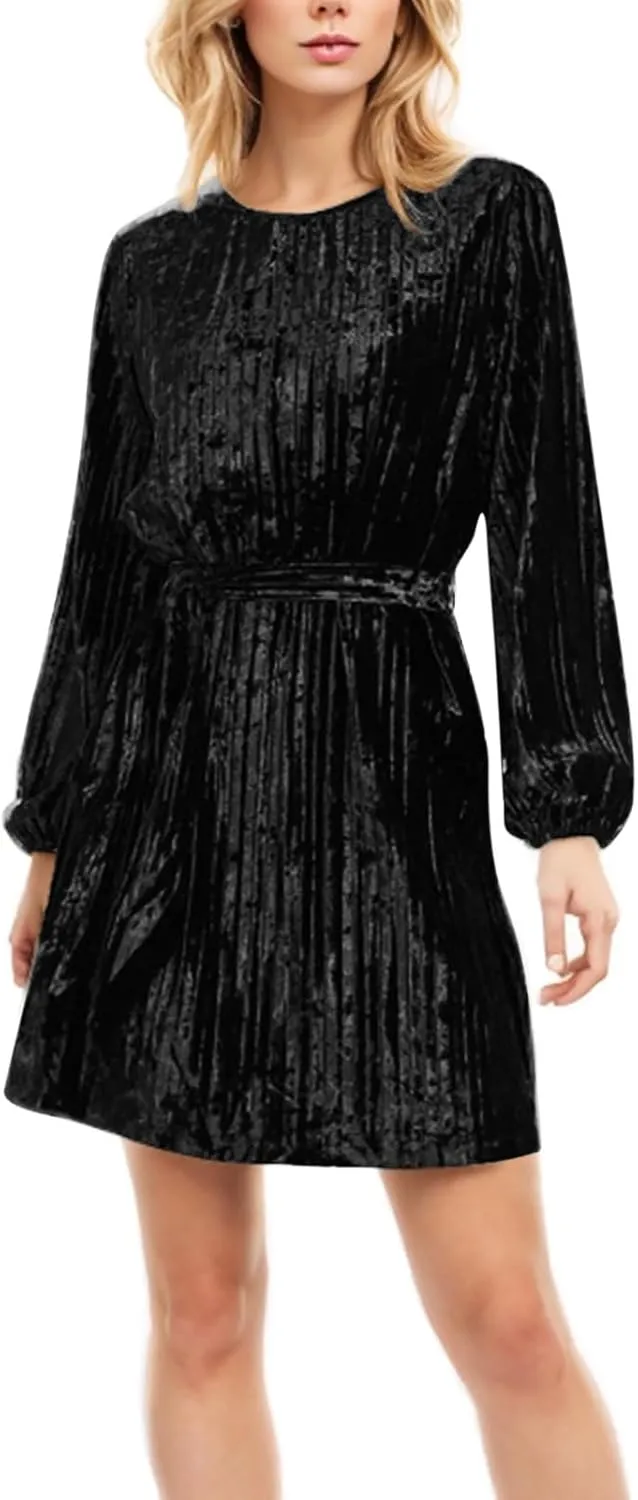 Casual Dresses for Women Womens Long Sleeve Dress Crew Neck Tie Waist A-Line Ruffle Swing Mini Dresses for Women