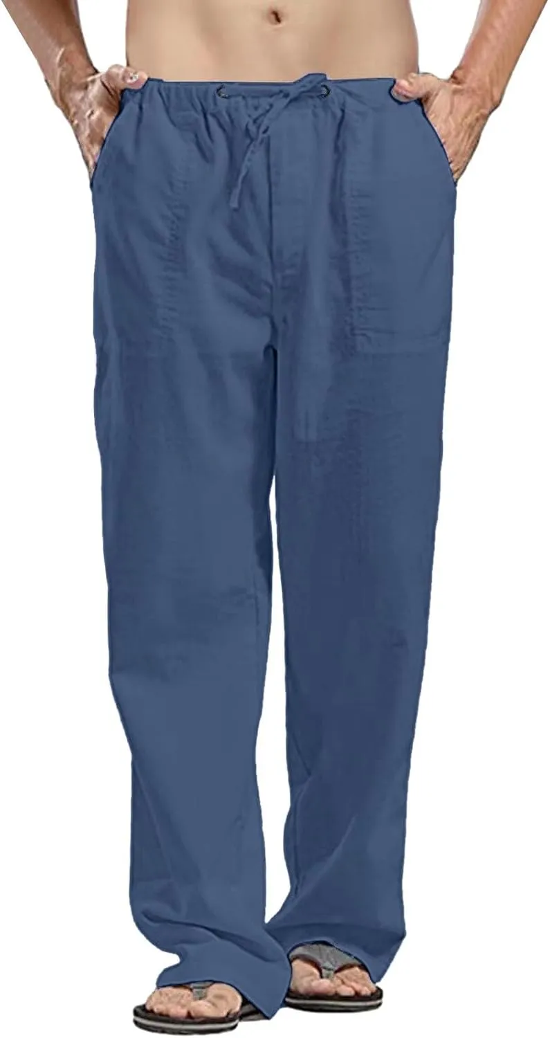 Casual Linen Pants for Men Baggy Drawstring Elastic Waist Classic Fit Trousers Work Sweatpants Multi Pockets Black Chino Mens Yoga Pants