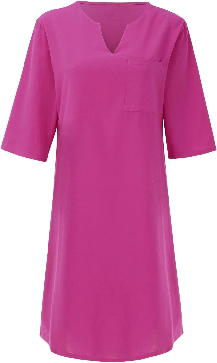 Casual Mini Dresses For Women Summer Cotton Linen V-neck T Shirt Sundresses Loose Fit Solid Beach Vacation Dress