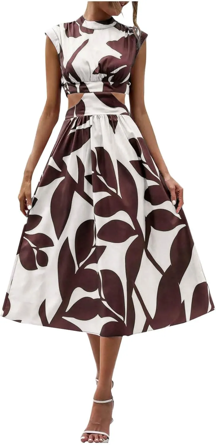 Casual Summer Dresses Women's Boho Leaf Print Dress Sexy Cut Out Waist Long Dress Trendy A-Line Swing Maxi Sundresses