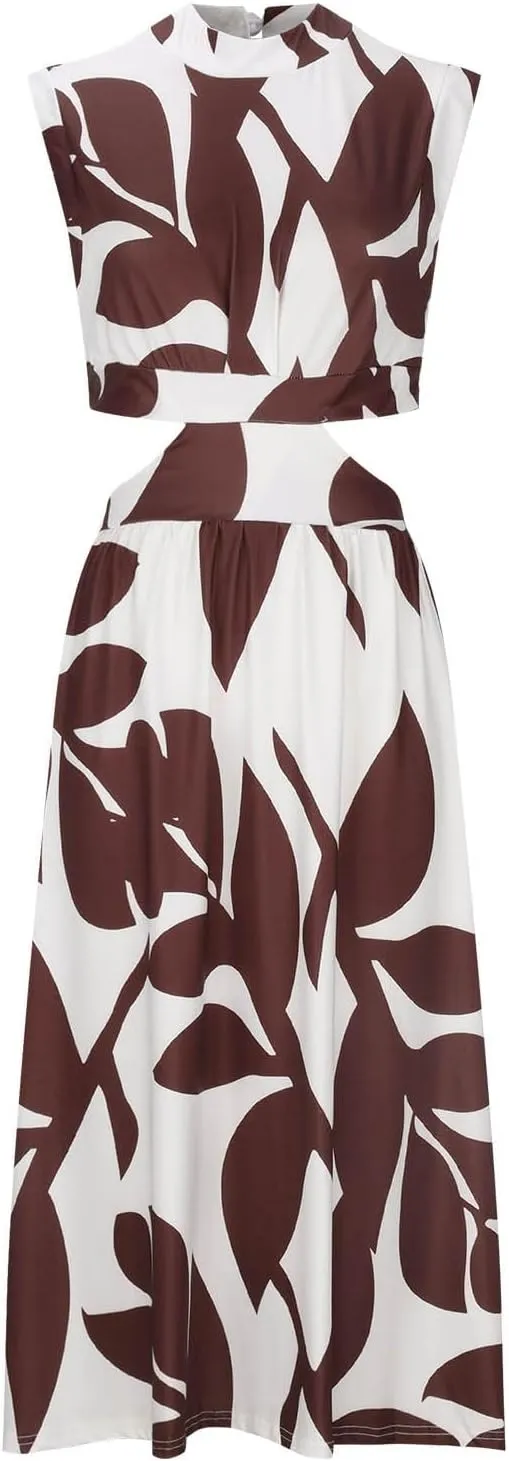 Casual Summer Dresses Women's Boho Leaf Print Dress Sexy Cut Out Waist Long Dress Trendy A-Line Swing Maxi Sundresses