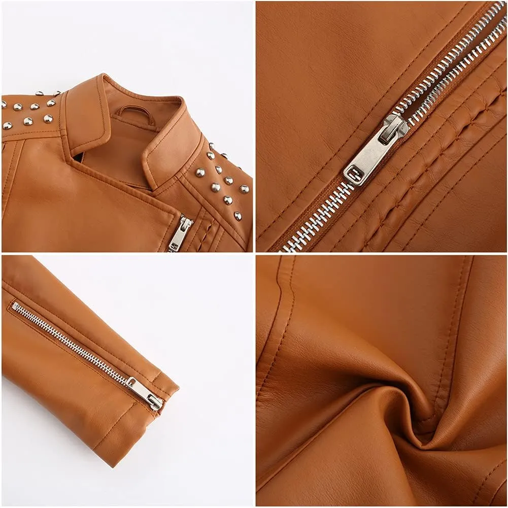 chouyatou Women's Casual Light Studded Shoulder Moto Biker Faux Leather Jacket