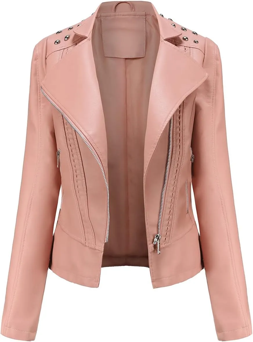 chouyatou Women's Casual Light Studded Shoulder Moto Biker Faux Leather Jacket