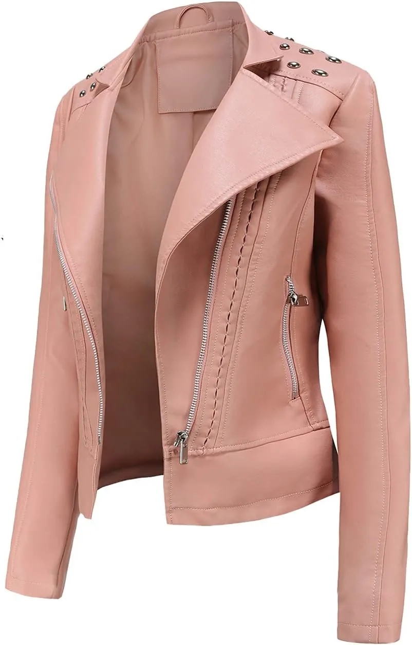 chouyatou Women's Casual Light Studded Shoulder Moto Biker Faux Leather Jacket