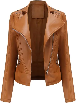 chouyatou Women's Casual Light Studded Shoulder Moto Biker Faux Leather Jacket