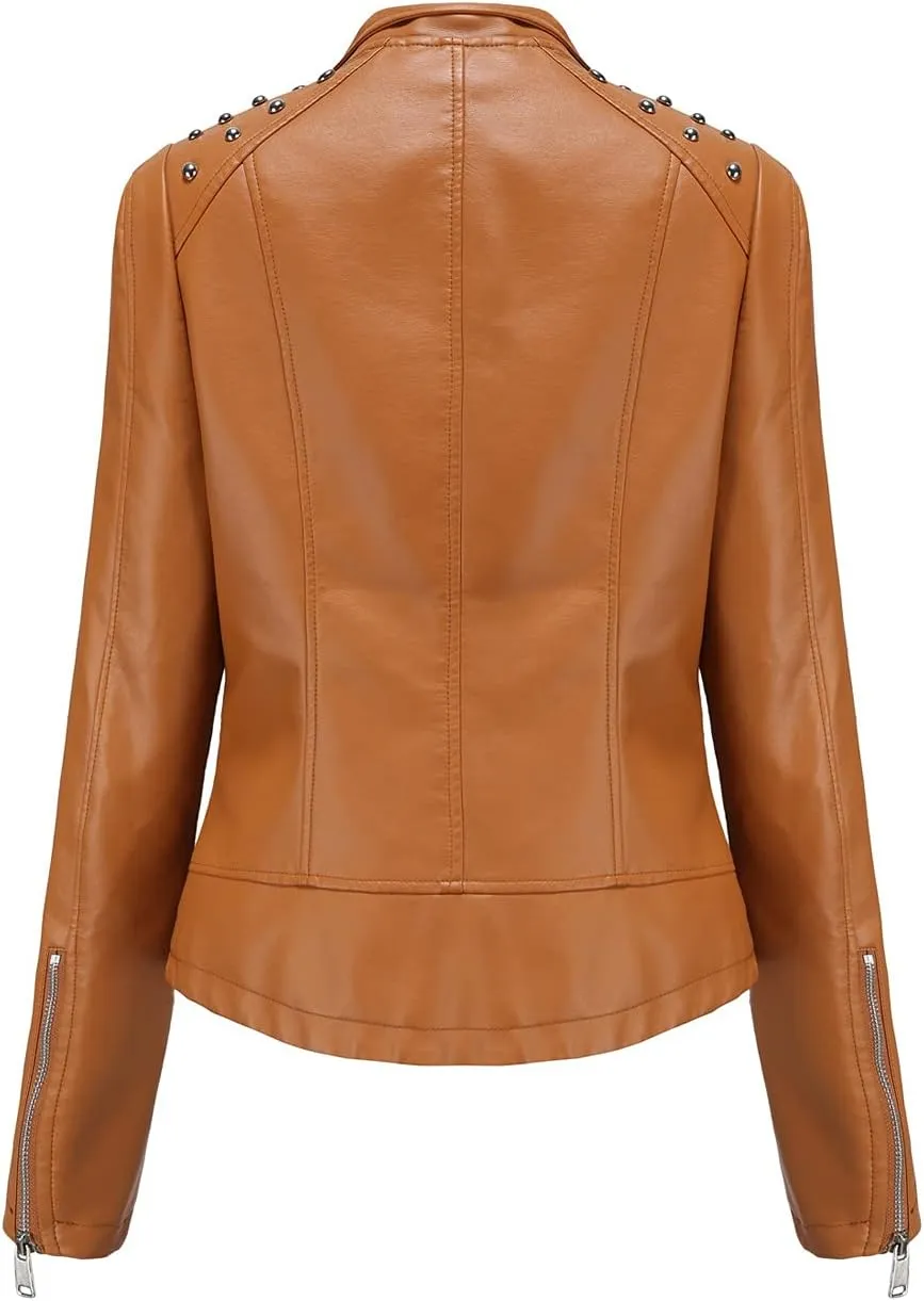 chouyatou Women's Casual Light Studded Shoulder Moto Biker Faux Leather Jacket