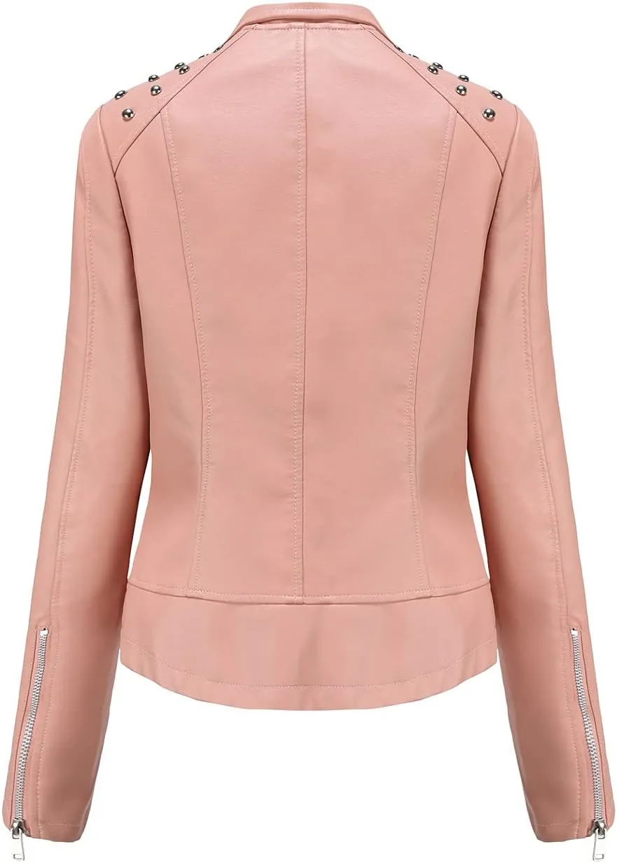 chouyatou Women's Casual Light Studded Shoulder Moto Biker Faux Leather Jacket